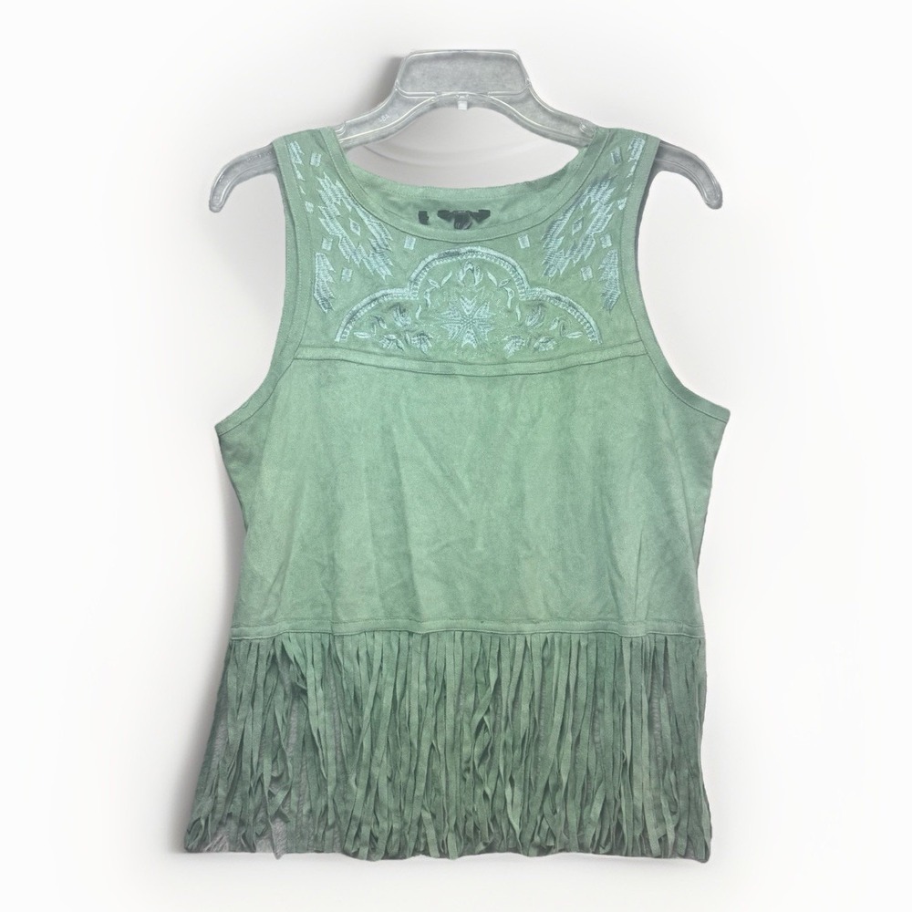 Buffalo Suede Tank Top Fringe Medium Western Embroidered Sleeveless Green Boho